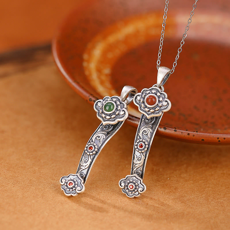 Buddha Stones 925 Sterling Silver Red Agate Cyan Jade Auspicious Clouds Ruyi Handle Blessing Necklace Pendant - image 0