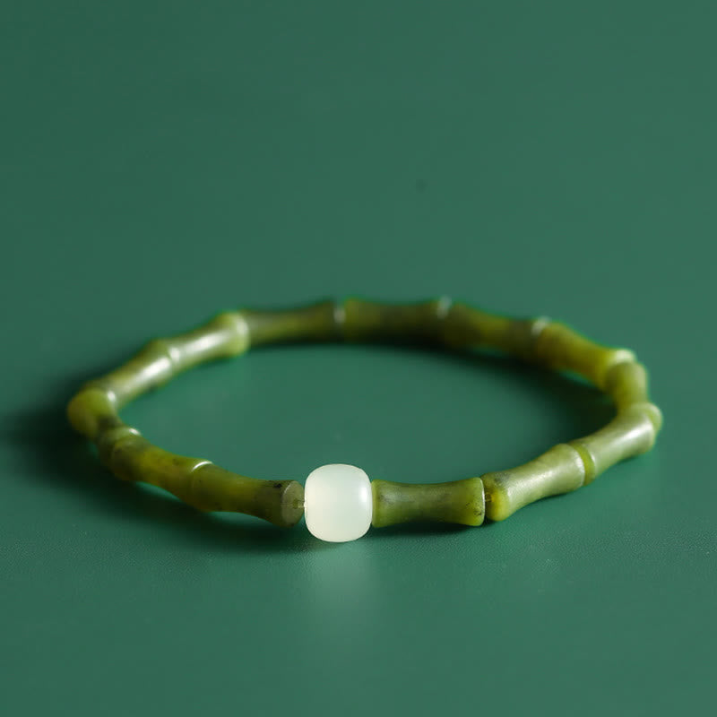 Buddha Stones Green Bamboo Jade Pattern Luck Abundance Bracelet - Green Bamboo Jade Elastic Bracelet(Wrist Circumference 14-15cm) - image 2