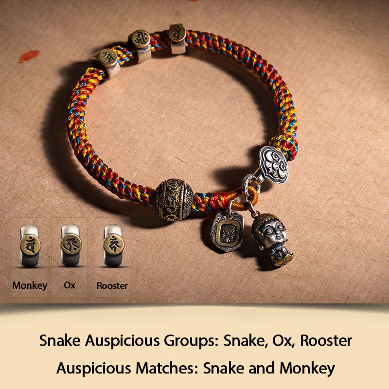 Buddha Stones Handmade Tibetan 925 Sterling Silver Chinese Zodiac Natal Buddha Zakiram Goddess of Wealth Protection Multicolored Rope Braided Bracelet - Snake-Samantabhadra Bodhisattva - 17-19cm - image 11
