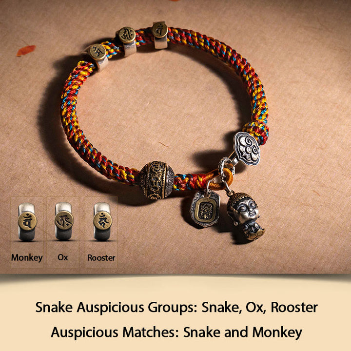 Buddha Stones Handmade Tibetan 925 Sterling Silver Chinese Zodiac Natal Buddha Zakiram Goddess of Wealth Protection Multicolored Rope Braided Bracelet - Snake-Samantabhadra Bodhisattva - 17-19cm - image 11