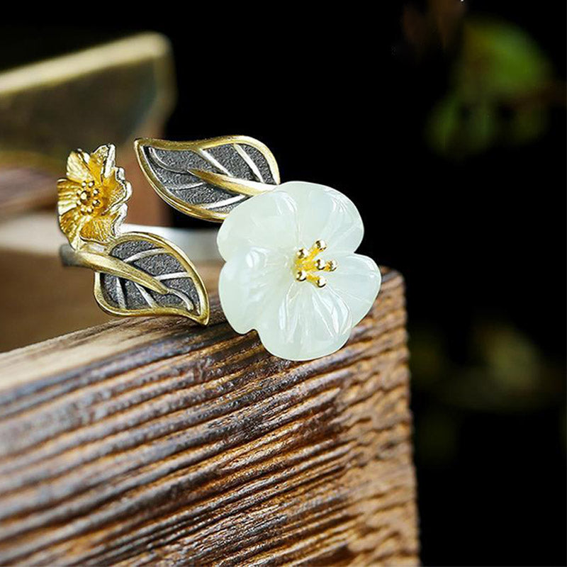 Buddha Stones 925 Silver Plated Copper White Jade Plum Flower Leaf Luck Ring - image 1