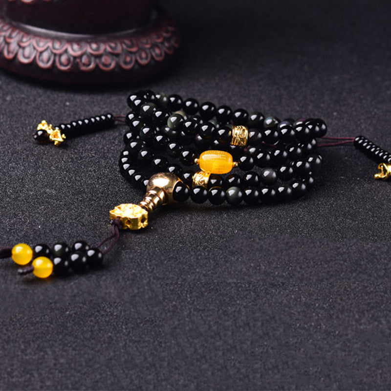 Buddha Stones 108 Beads Natural Black Obsidian Lotus Fulfilment Mala Bracelet - image 5