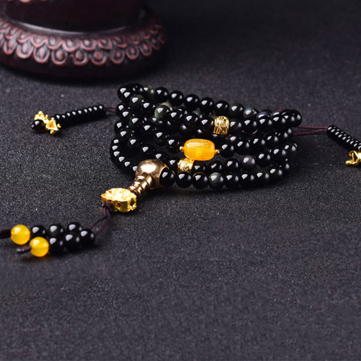 Buddha Stones 108 Beads Natural Black Obsidian Lotus Fulfilment Mala Bracelet - image 5