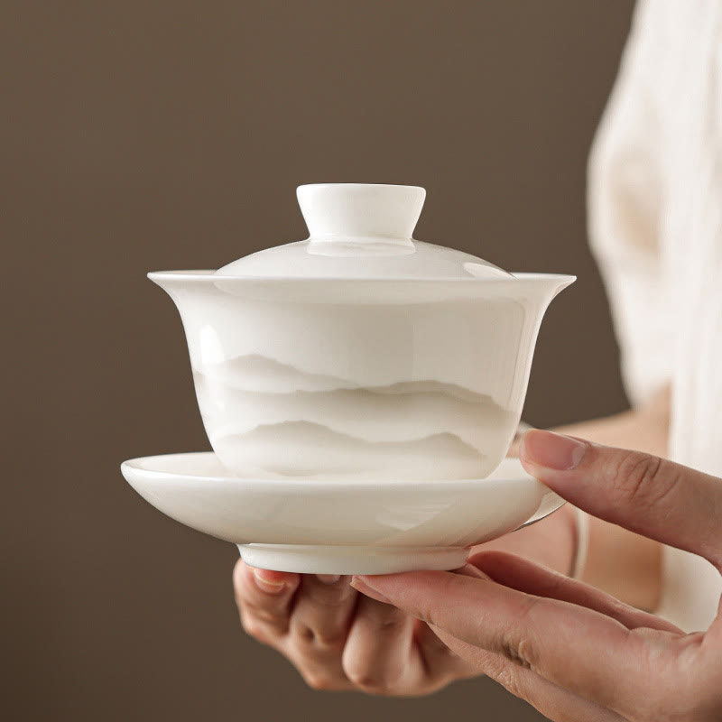 Buddha Stones Vintage Ink Painting Mountain White Porcelain Ceramic Gaiwan Sancai Teacup Kung Fu Tea Cup And Saucer With Lid Tea Utensil Teapot - image 1