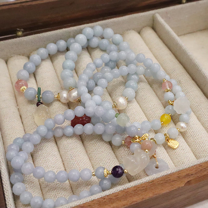 Buddha Stones Natural Aquamarine Chalcedony Serenity Rabbit Gourd Cat Charm Bracelet - image 14