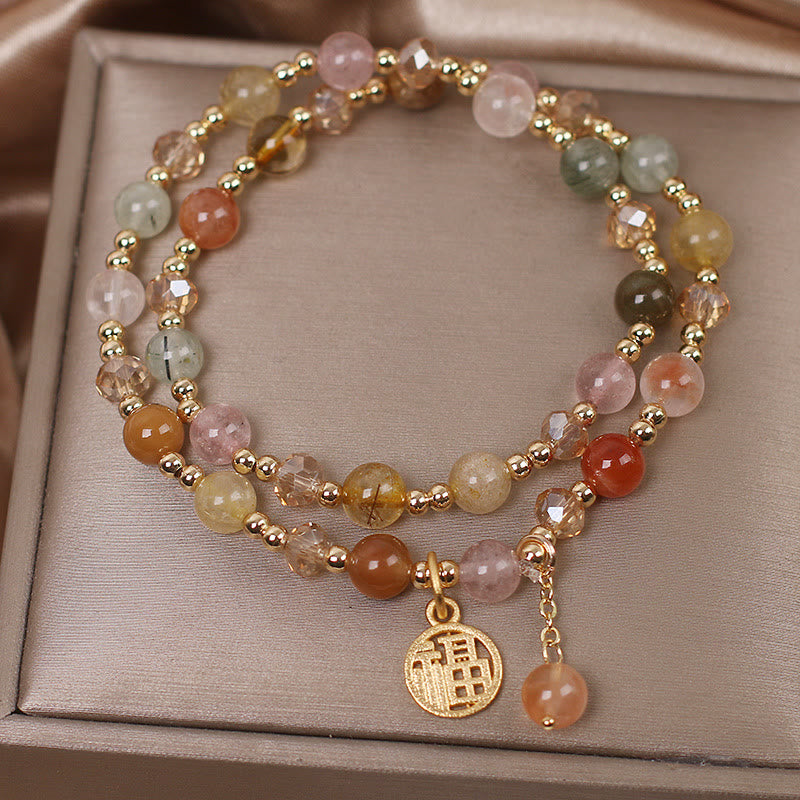 Buddha Stones Multicolored Rutilated Quartz Fu Character Auspiciousness Bracelet - image 1