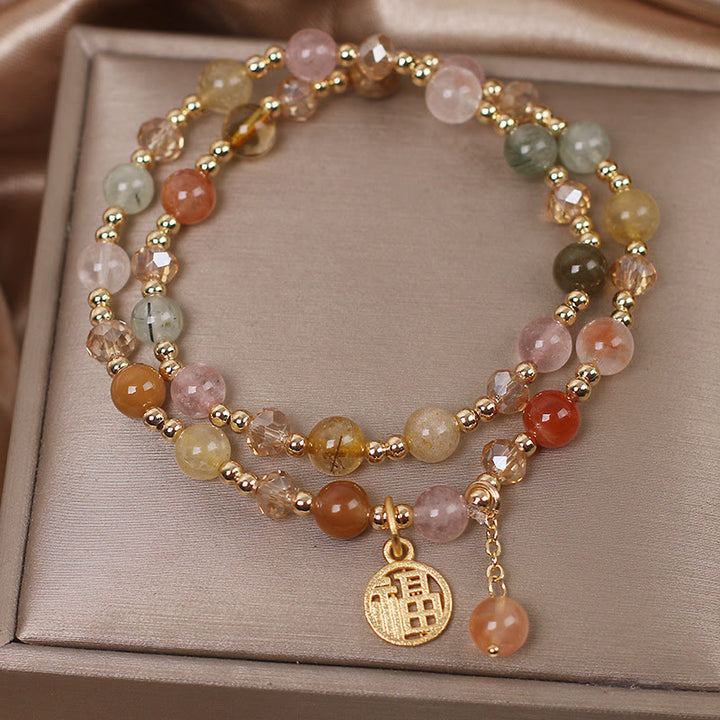 Buddha Stones Multicolored Rutilated Quartz Fu Character Auspiciousness Bracelet - image 4