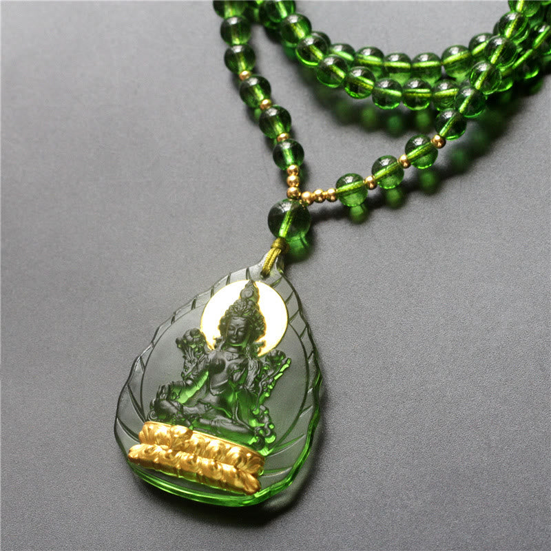 Buddha Stones Tibetan Green Tara Buddha Gold Plated Liuli Crystal Protection Necklace Pendant - Leaf Green Tara - Golden Version - image 3