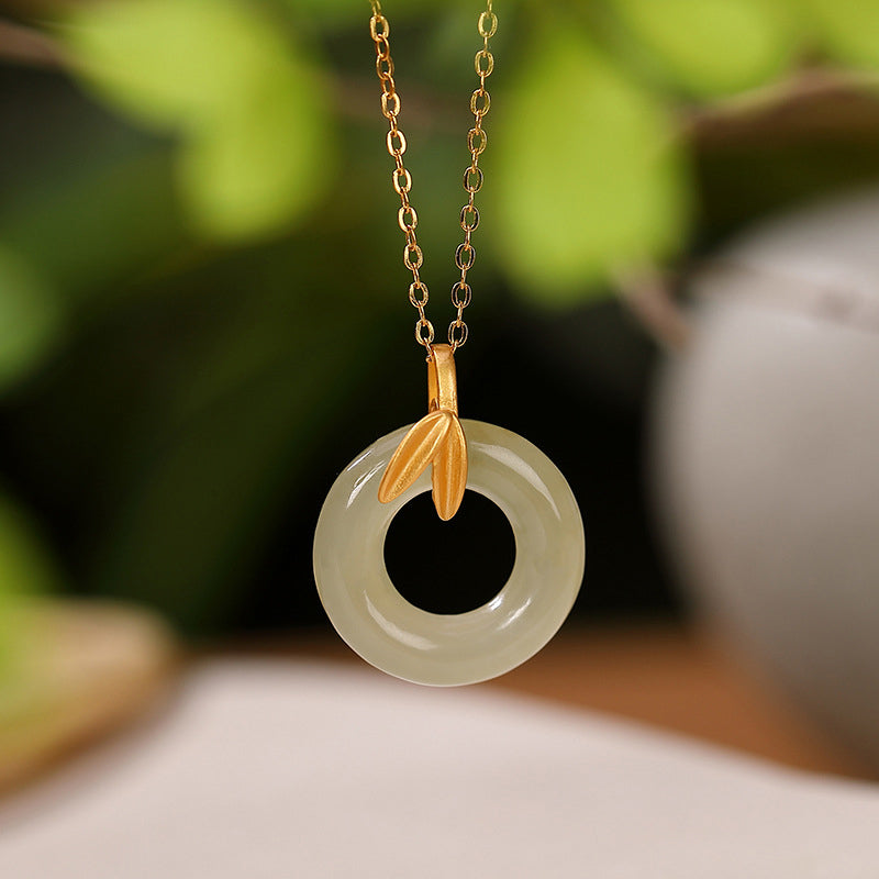 Buddha Stones 925 Sterling Silver Cyan Jade Peace Buckle Bamboo Leaf Harmony Necklace Pendant - image 1