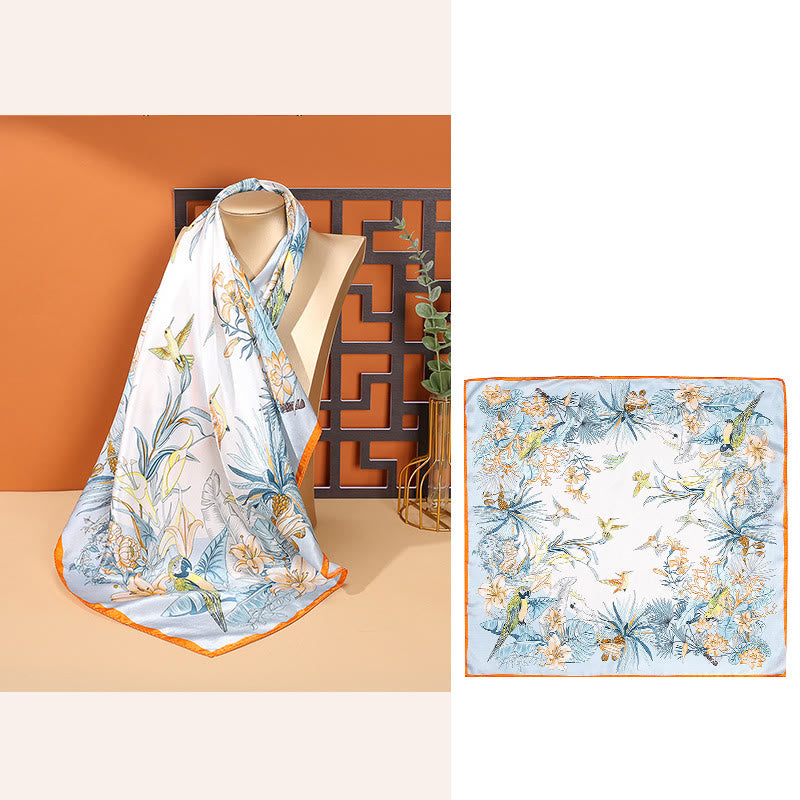 Buddha Stones Pastoral Scene Hot Air Balloon Spring Blossom 100% Mulberry Silk Neck Hair Scarf - Flowers-Orange Border - image 14