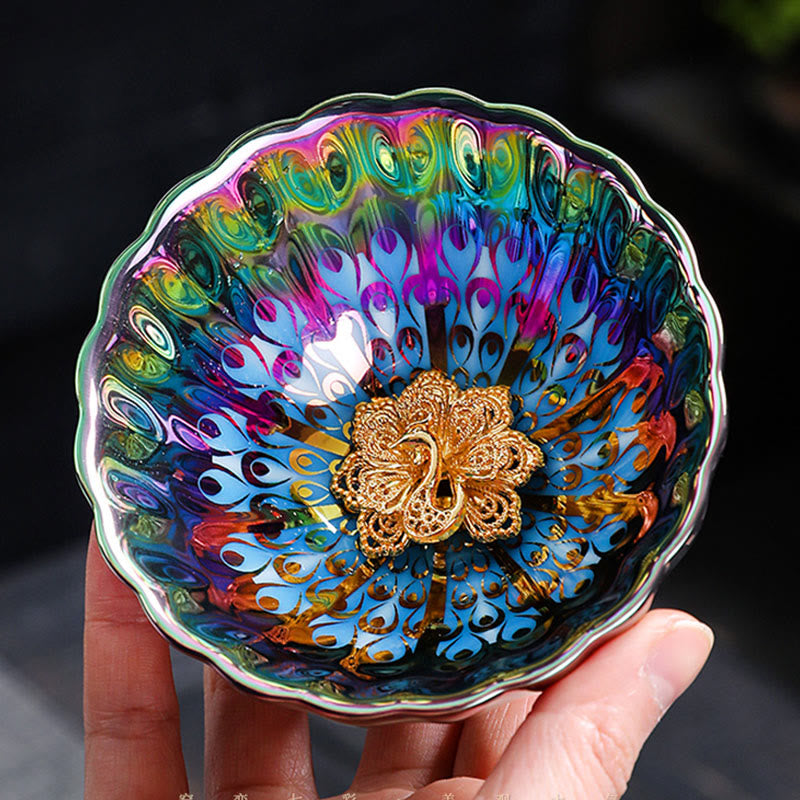 Buddha Stones Vivid Peacock Lotus Inlaid Design Colorful Chinese Jianzhan Ceramic Teacup Kung Fu Tea Cup - image 2
