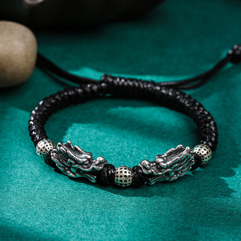 Buddha Stones 999 Sterling Silver Double Dragon Luck Handmade Braided Bracelet - Double Small Dragon(Bracelet Size 26cm) - image 0