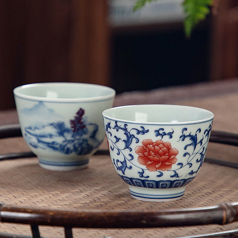 Buddha Stones Blue Landscape Mountains Lotus Cute Cat Pavilions Magnolia Reed Egrets Ceramic Teacup Small Kung Fu Tea Cup - image 2