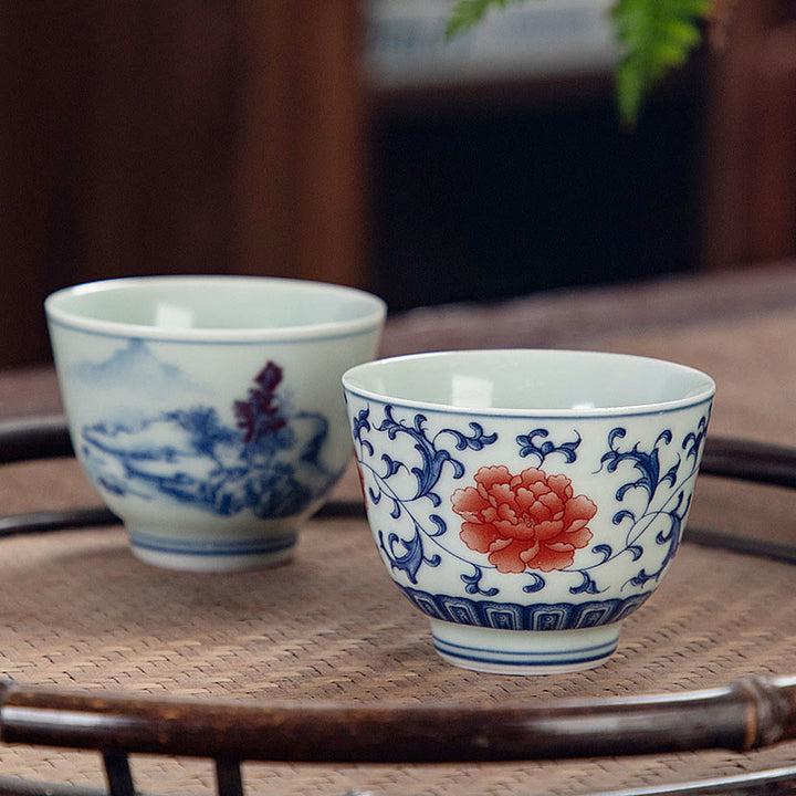 Buddha Stones Blue Landscape Mountains Lotus Cute Cat Pavilions Magnolia Reed Egrets Ceramic Teacup Small Kung Fu Tea Cup - image 2