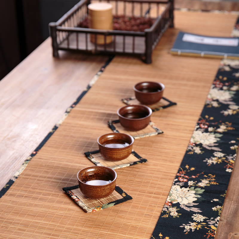 Buddha Stones Vintage Peony Flower Blossom Bamboo Cup Mat Pad Tea Cup Coaster Kung Fu Tea Mat - image 0
