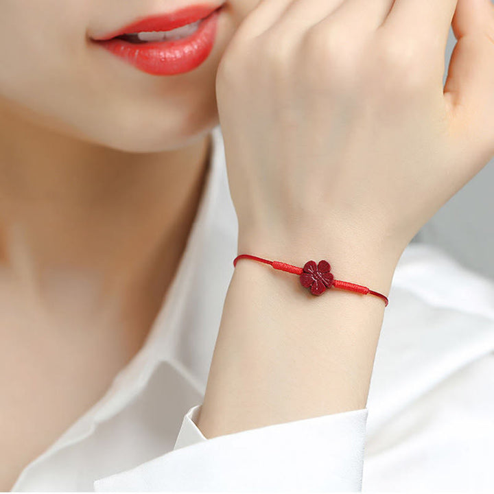 Buddha Stones Handmade Plum Blossom Four Leaf Clover PiXiu Lotus Koi Fish Cinnabar Blessing Braid Bracelet - image 3