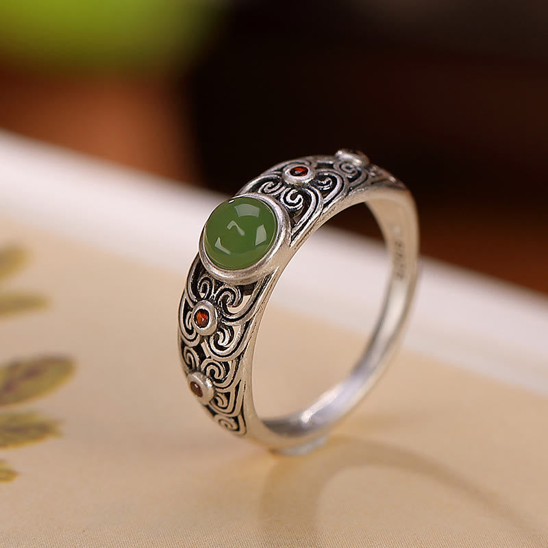 Buddha Stones 925 Sterling Silver Hetian Cyan Jade Harmony Adjustable Ring - Silver - image 1