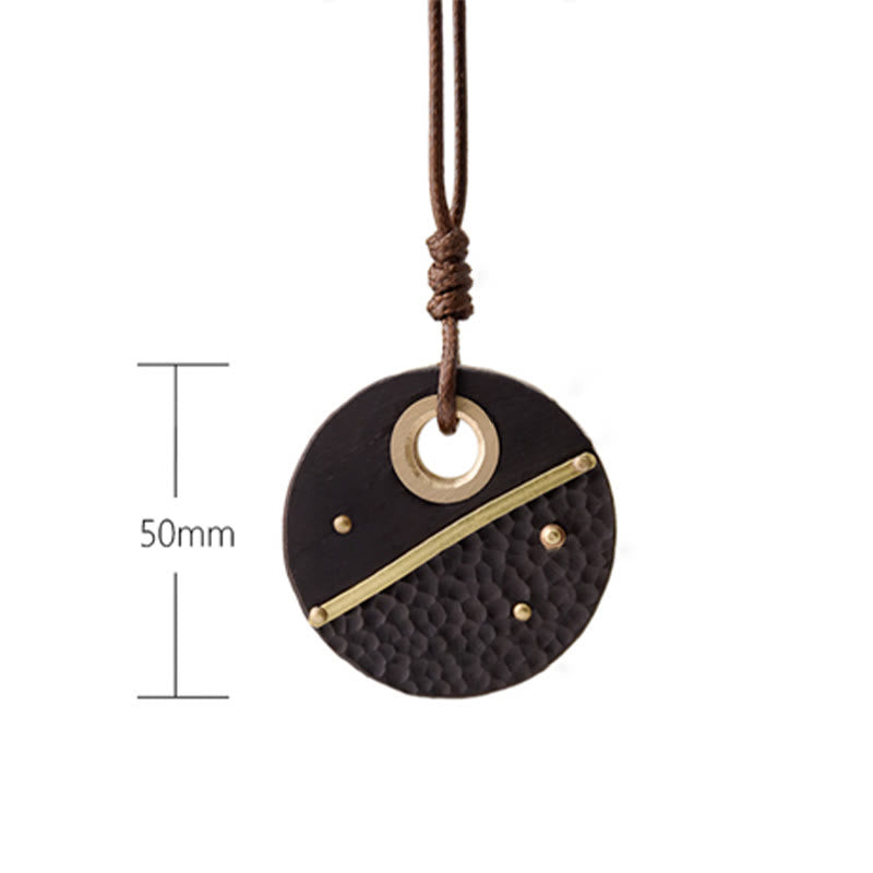 Buddha Stones Handcrafted Round Ebony Wood Brass Copper Peace Necklace Pendant - image 9