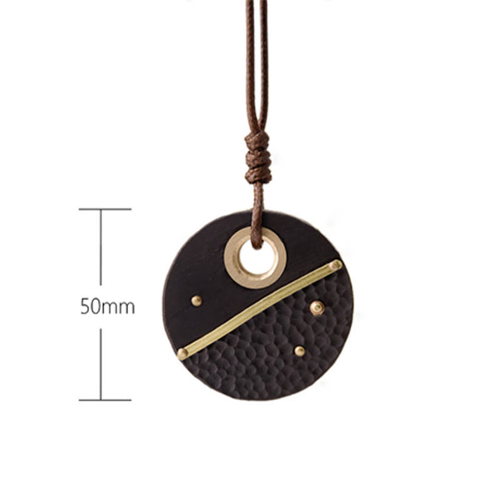 Buddha Stones Handcrafted Round Ebony Wood Brass Copper Peace Necklace Pendant - image 9