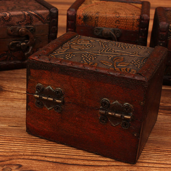 Buddha Stones Retro Small Square Wood Jewelry Box Lotus Grass Flower Grape Copper Coin Daffodil Jewelry Storage Box - image 17