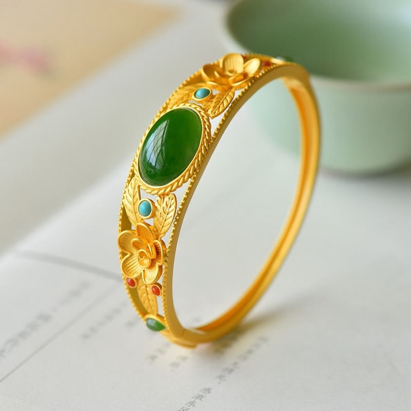 Buddha Stones Cyan Jade White Jade Flower Leaf Harmony Luck Bracelet Bangle - image 4