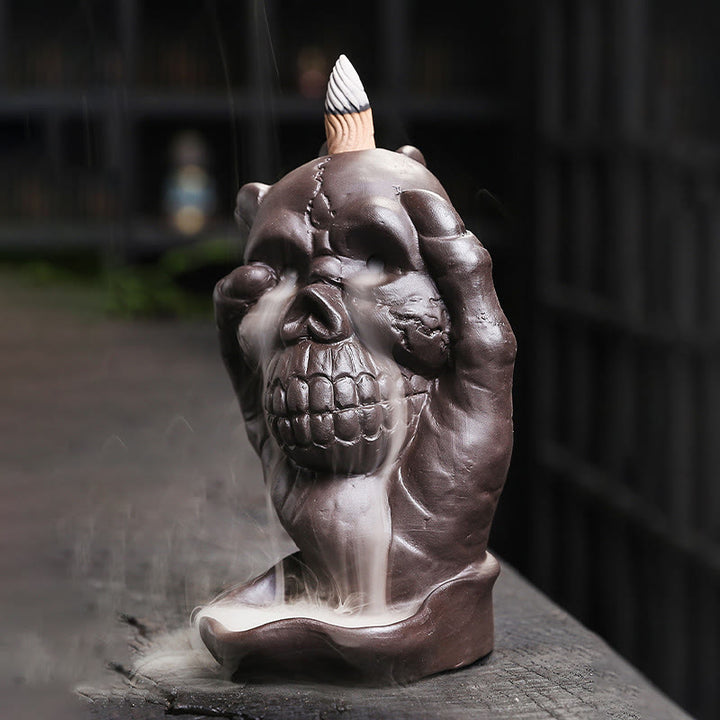 Buddha Stones Halloween Skull With Ghost Hand Purple Clay Spiritual Incense Burner Decoration - image 3