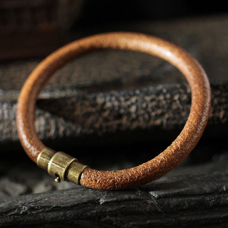 Buddha Stones Retro Leather Luck Healing Copper Magnetic Buckle Bracelet - image 1