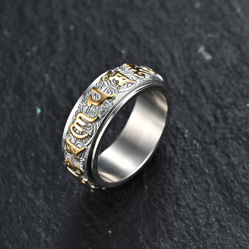 Buddha Stones Om Mani Padme Hum Balance Calm Titanium Steel Ring - image 0