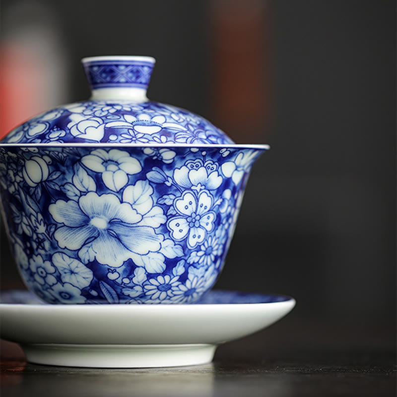 Buddha Stones Vintage Blue And White Porcelain Ceramic Gaiwan Sancai Teacup Kung Fu Tea Cup And Saucer With Lid - image 6
