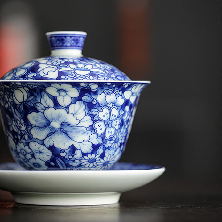 Buddha Stones Vintage Blue And White Porcelain Ceramic Gaiwan Sancai Teacup Kung Fu Tea Cup And Saucer With Lid - image 6