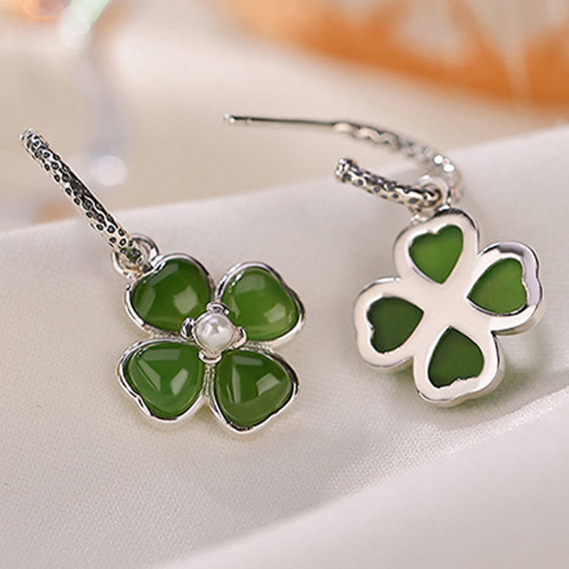 Buddha Stones 925 Sterling Silver Natural Cyan Jade Four Leaf Clover Luck Success Earrings - image 4