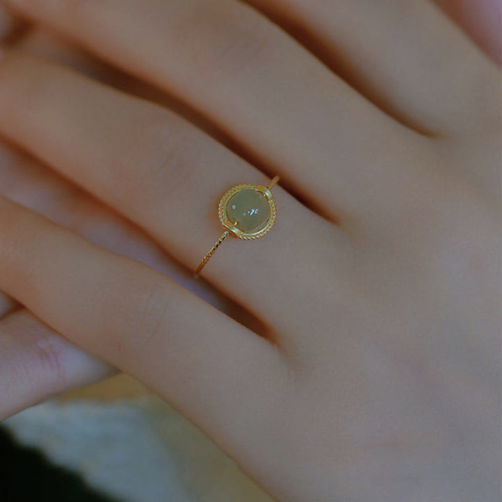 Buddha Stones 14K Gold Plated Round Jade Luck Prosperity Adjustable Ring - image 6