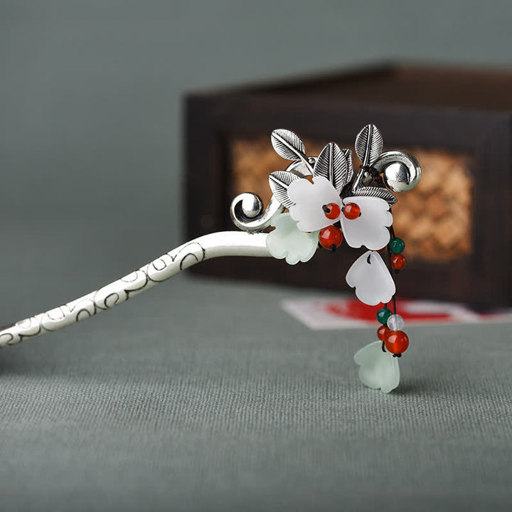 Red Agate Flower Leaf Calm Confidence Tassel Hairpin - image 5