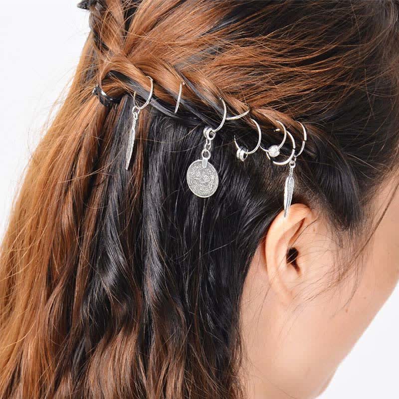 Buddha Stones Antique Leaf Coins Beads Barrette Hair Pins Decoration - 9Pcs Silver Hair Pins - image 3