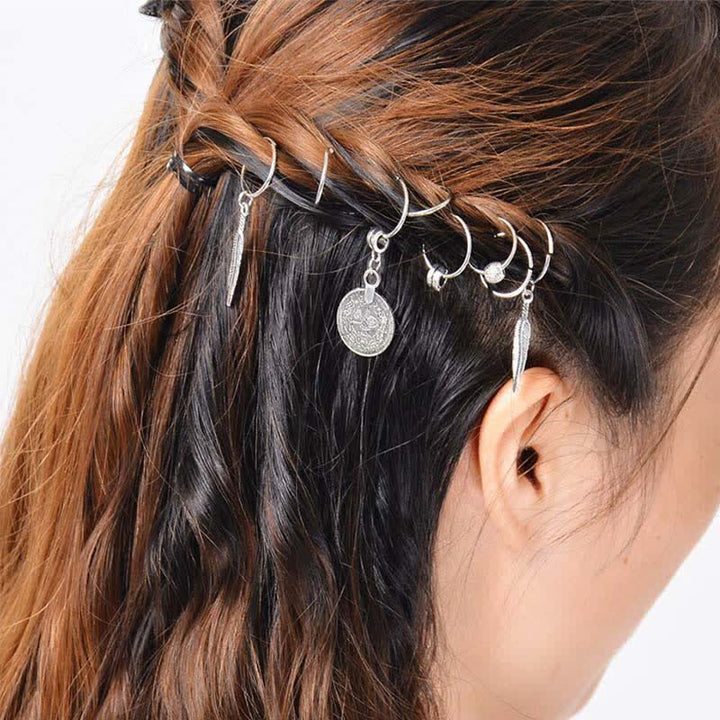 Buddha Stones Antique Leaf Coins Beads Barrette Hair Pins Decoration - 9Pcs Silver Hair Pins - image 3