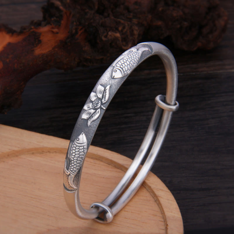 Buddha Stones 999 Sterling Silver Koi Fish Lotus Wealth Luck Bracelet Bangle - image 4
