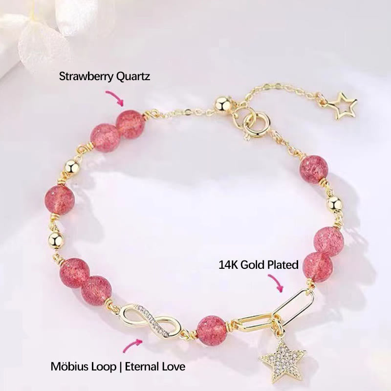 Buddha Stones 14K Gold Plated Natural Strawberry Quartz Moonstone Möbius Loop Eternal Love Star Positive Bracelet - image 1