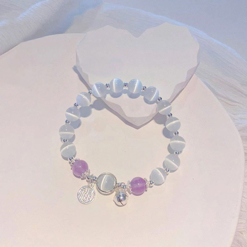 Buddha Stones Cat's Eye Amethyst Fu Character Bell Charm Support Bracelet - image 2