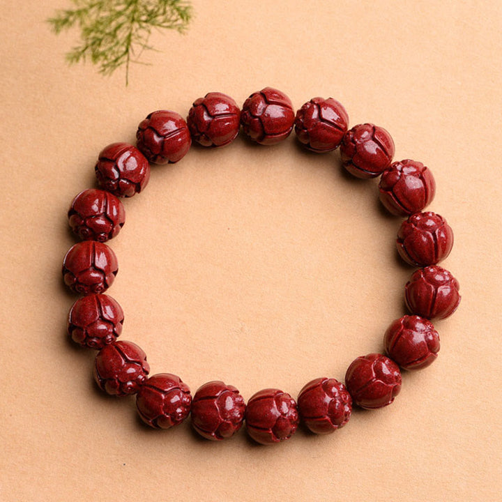 Buddha Stones Natural Cinnabar Om Mani Padme Hum Fret Pattern Lotus Blessing Bracelet - Lotus - 10mm(19 Beads) - image 6