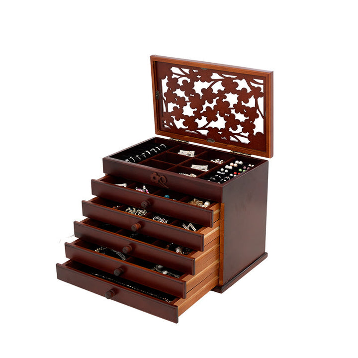 Buddha Stones Vintage Plum Blossom Carved Wooden Jewelry Box Six-Layer Jewelry Storage Box - image 10