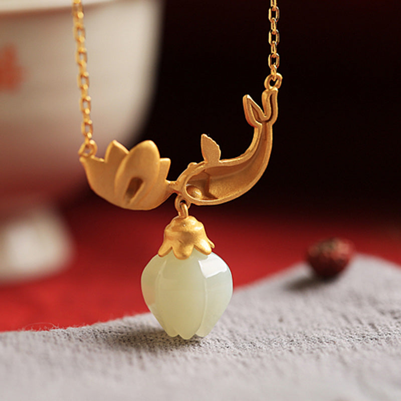 Buddha Stones 925 Sterling Silver White Jade Koi Fish Lotus Protection Necklace Pendant - image 5