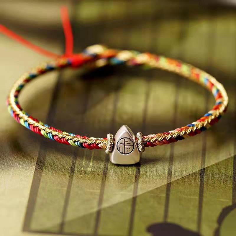 Buddha Stones 925 Sterling Silver Fu Character Zongzi Pattern Multicolored String Luck Handmade Braided Bracelet - Fu Character Colorful Fixed Rope - 17-18cm - image 19