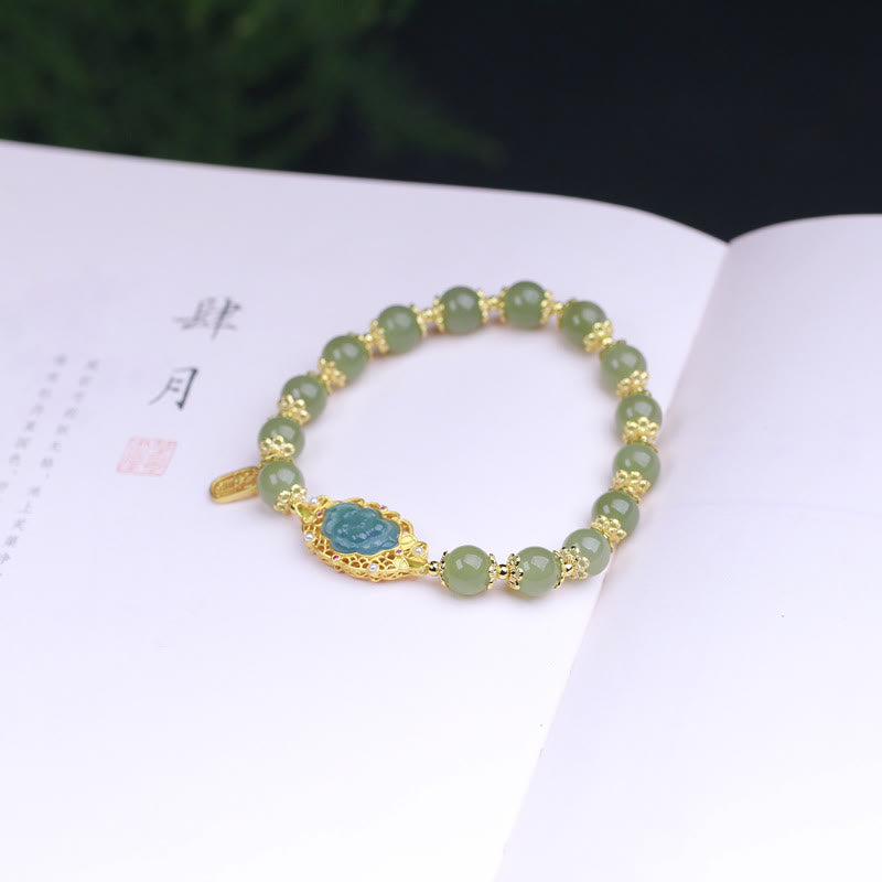 14K Gold Plated 925 Sterling Silver Hetian Jade Lotus Luck Bracelet - image 4