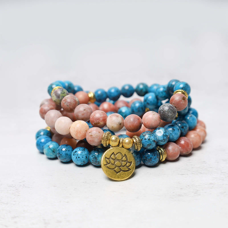 Buddha Stones 108 Mala Beads Apatite Red Stone Lotus Meditation Prayer Bead Bracelet - image 1