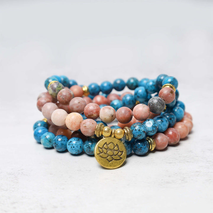 Buddha Stones 108 Mala Beads Apatite Red Stone Lotus Meditation Prayer Bead Bracelet - image 1
