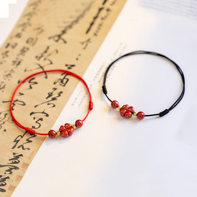 Buddha Stones Four Leaf Clover Cinnabar Blessing Calm String Bracelet Anklet - image 1