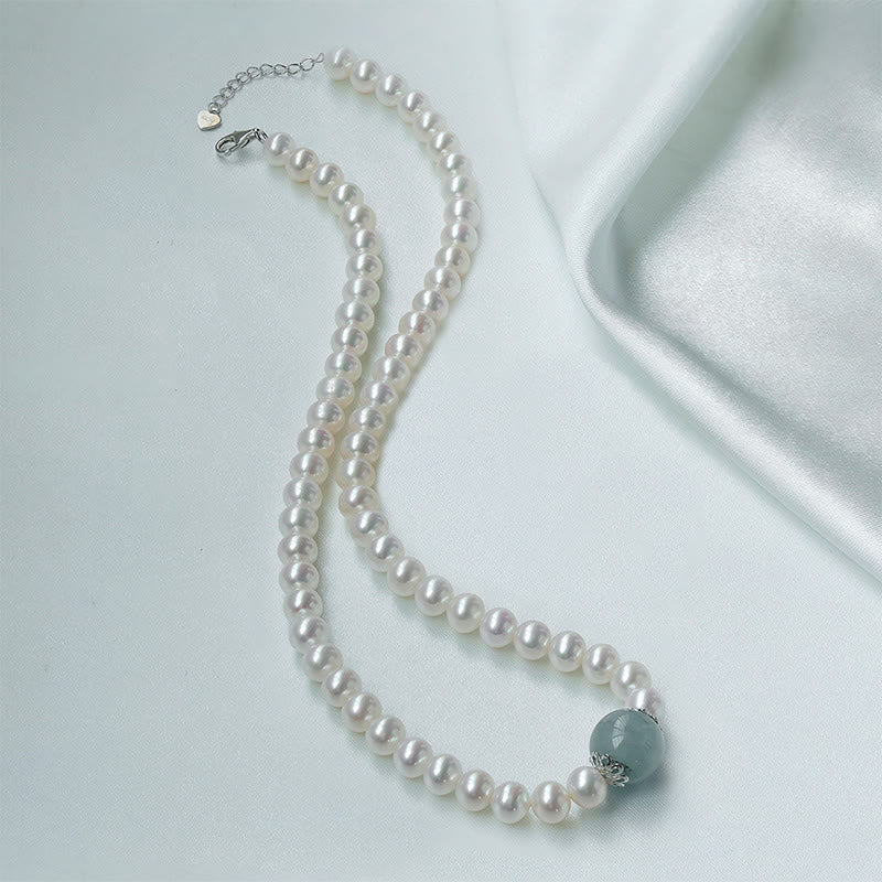 Buddha Stones 925 Sterling Silver Natural Pearl Hetian Jade Aquamarine Wisdom Sincerity Necklace Pendant Bracelet - Necklace - Pearl Aquamarine 925 Sterling Silver 42cm - image 9