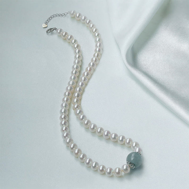 Buddha Stones 925 Sterling Silver Natural Pearl Hetian Jade Aquamarine Wisdom Sincerity Necklace Pendant Bracelet - Necklace - Pearl Aquamarine 925 Sterling Silver 42cm - image 9