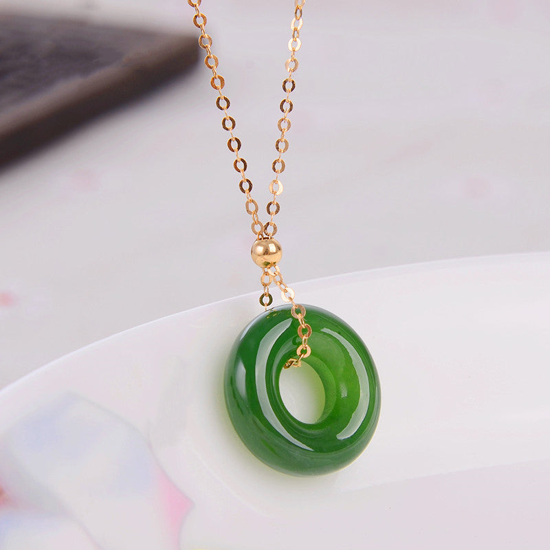 Round Cyan Jade Healing 14K Gold Necklace Pendant - image 1