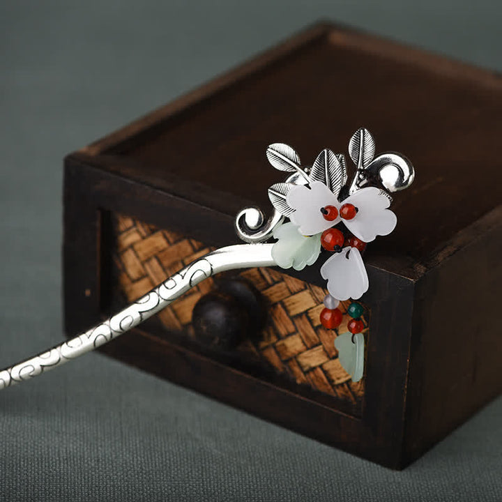 Red Agate Flower Leaf Calm Confidence Tassel Hairpin - image 3